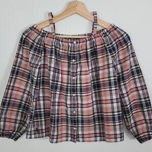 Polo‎ Ralph Lauren Girls Pink and Navy Plaid Off the Shoulder Blouse 12